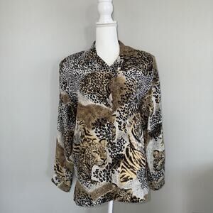 VINTAGE Fu Da Fine Silk Womens Long Sleeve Button Up Blouse SZ L Cheetah Leopard